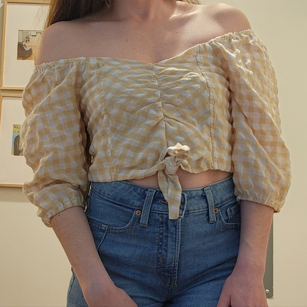 Yellow Gingham Women's Crop Top 100% Cotton Natural Fiber